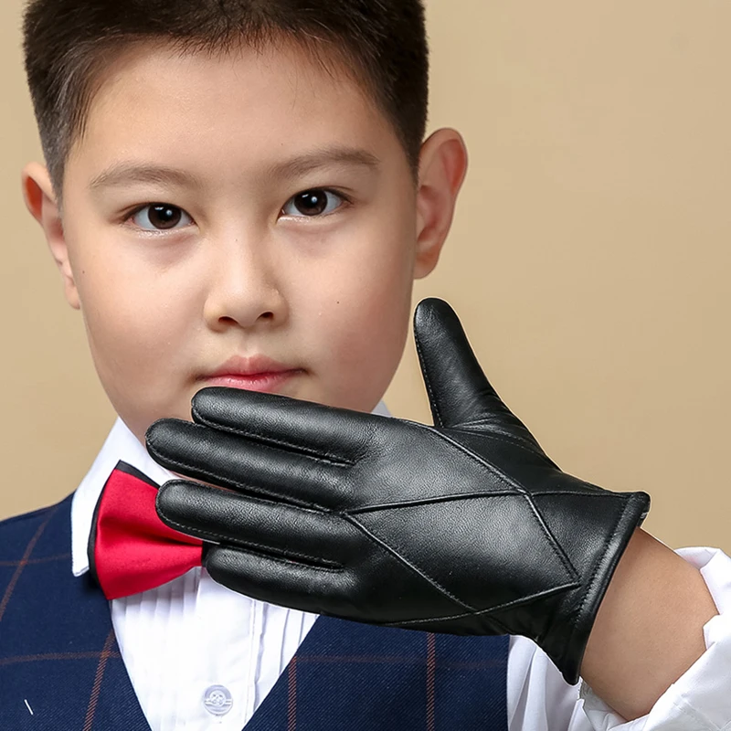 BOOUNI Genuine Leather Children Gloves Five Fingers Autumn Winter Warm Velvet Lined Kids Boys Sheepskin Gloves NM964