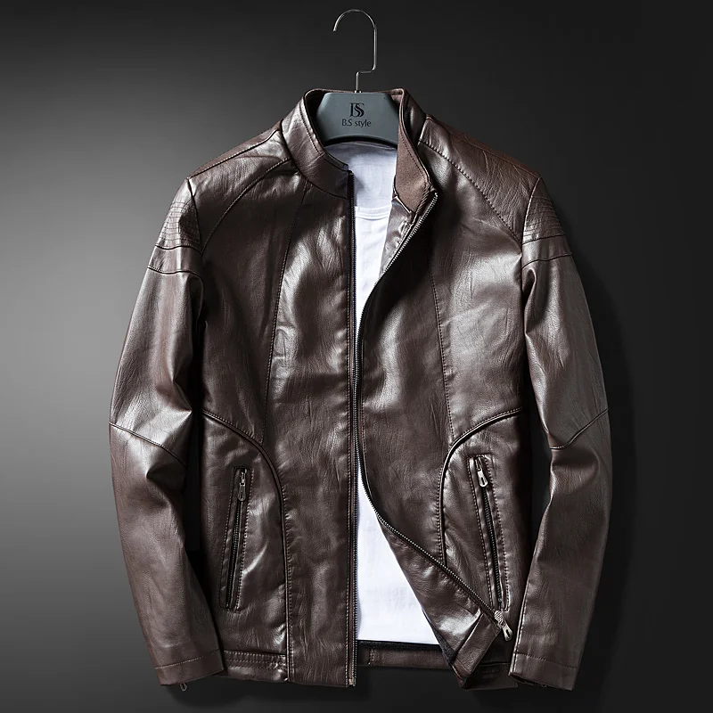 Кожаная куртка Slim Fit Искусственного куртка мужская PU мото куртка кожаная куртка Черный Основные Vintage пиджак мужской бомбер пальто - Цвет: brown