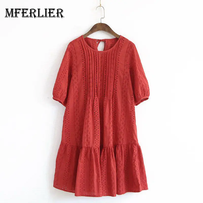 

Mferlier Women Summer Beach Dress O Neck Back Lace Up Embroidery Pleated Ruffled Hem Patchwork Ladies Dresses