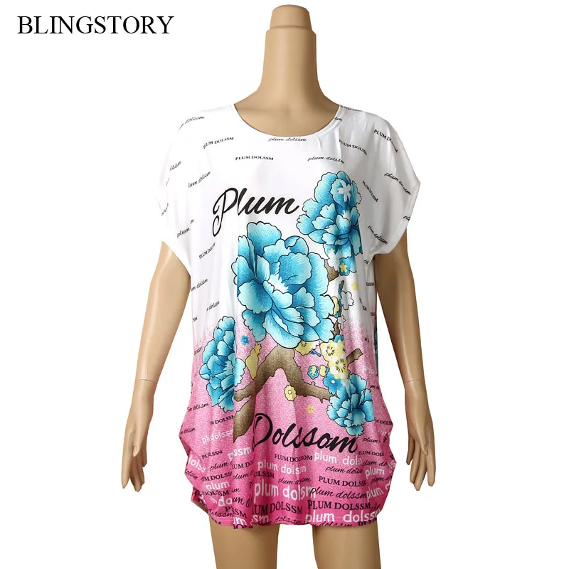 

Blingstory Fashion batwing Short-sleeve flower Print Viscose Tops women vintage t-shirt WY106