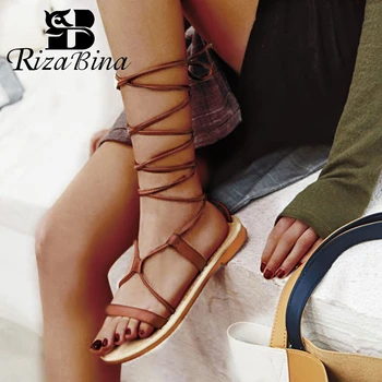 

RizaBina Plus Size 34-50 Women Flats Sandals Cross Tied Gladiator Sandals 2019 Summer Sexy Style Strappy Shoes Women