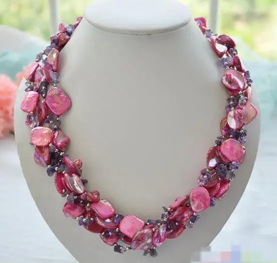 

song voge gem nanJ0592 2line pink shell Knitting flower amethyst necklace