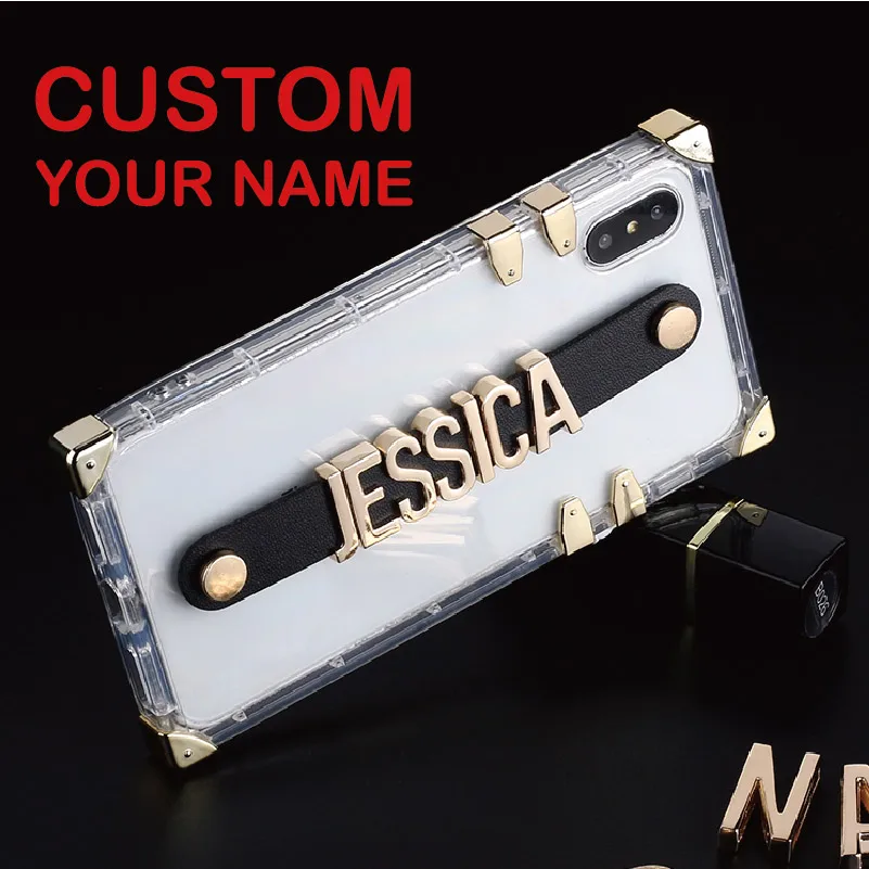 

Trunk Case Holding Strap Gold Metal Custom Name Text Clear Phone Case Coque Fundas For iPhone 6 6S XS Max XR 7 7Plus 8 8Plus X