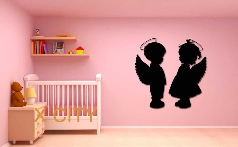 Deux Petits Anges Silhouette Bebe Chambre Sticker Mural Vinyle Autocollant Art Decor Maison Mural Pochoir 58x58 Cm Aliexpress