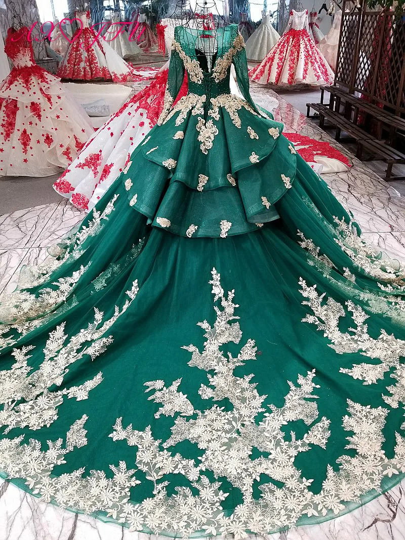 AXJFU роскошное зеленое кружевное свадебное платье принцессы с золотыми цветами свадебное платье с вырезом лодочкой и длинным рукавом с бисером настоящая фотография YS 4219