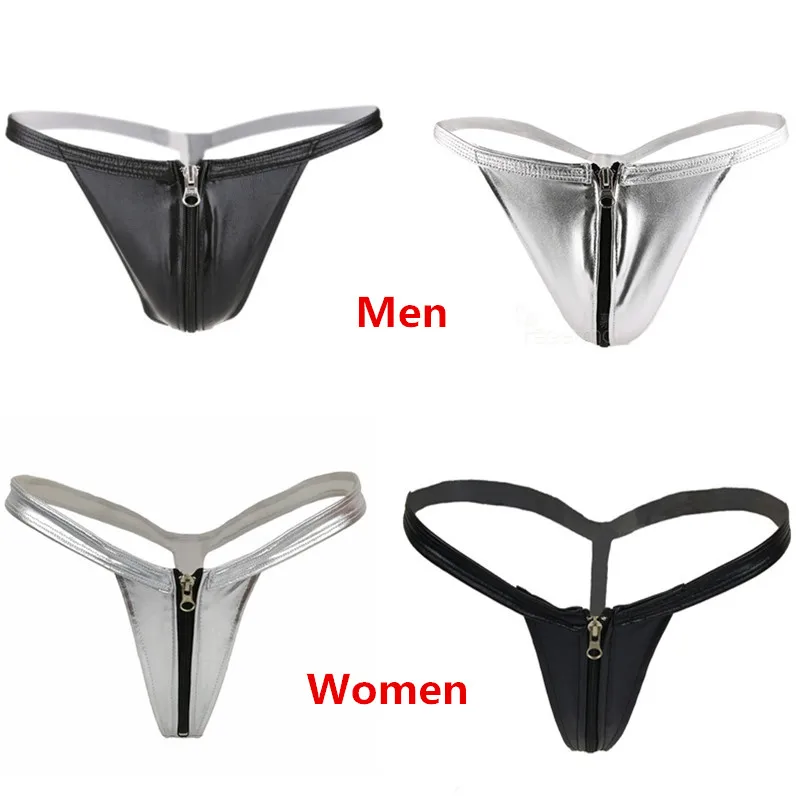 

Sexy Zipper Leather Thongs G Strings Men Women Couple Open Crotch Micro Bikini Tangas Panties Unisex Underwear Erotic Lingerie