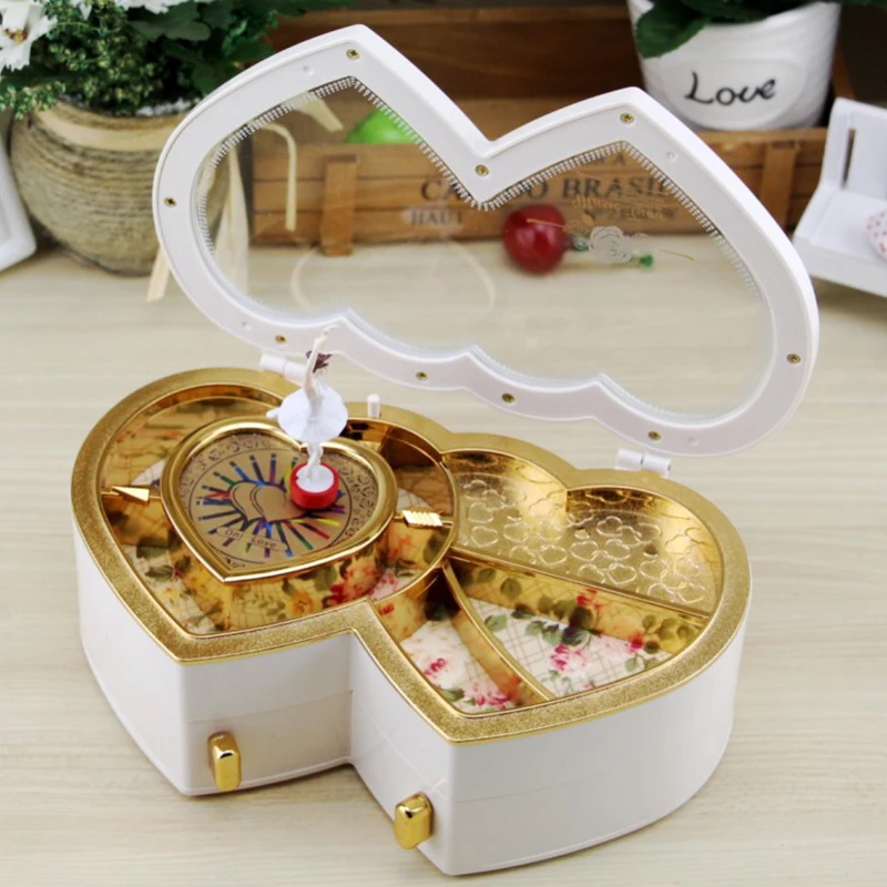 Dance Girl Music Box Double Heart Musical Jewelry Boxes Romantic Girl