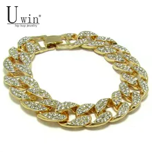 UWIN мужские ICED OUT 15 мм BLING Стразы, кубинские звенья цепи, хип-хоп браслет, золото, серебро