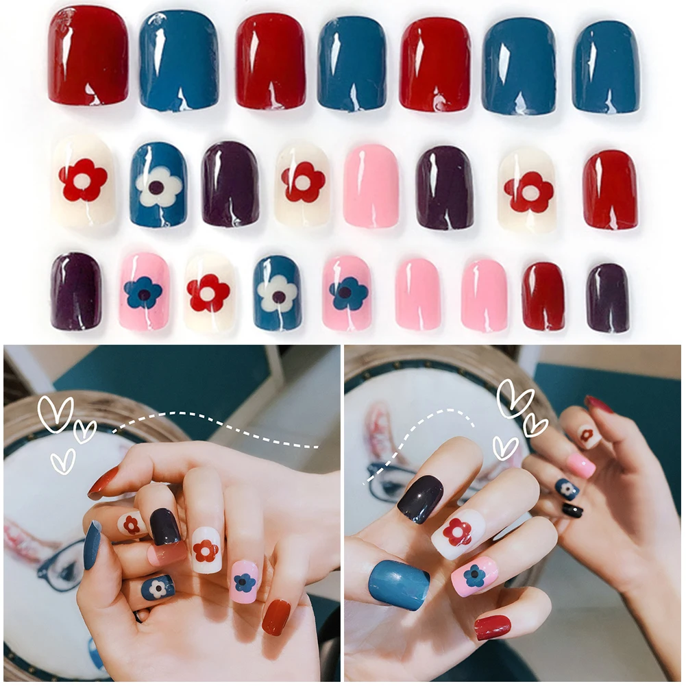 

New 24pcs Flower Pattern Acrylic Fake Nails with Glue Tips Flower Decorated for Fashion Nail Art False Nails Accessories