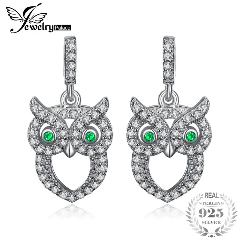 

JewelryPalace Green Eyed Owl 0.2ct Nano Russian Simulated Emerald Drop Earrings 925 Sterling Silver Wedding Jewelry For Women