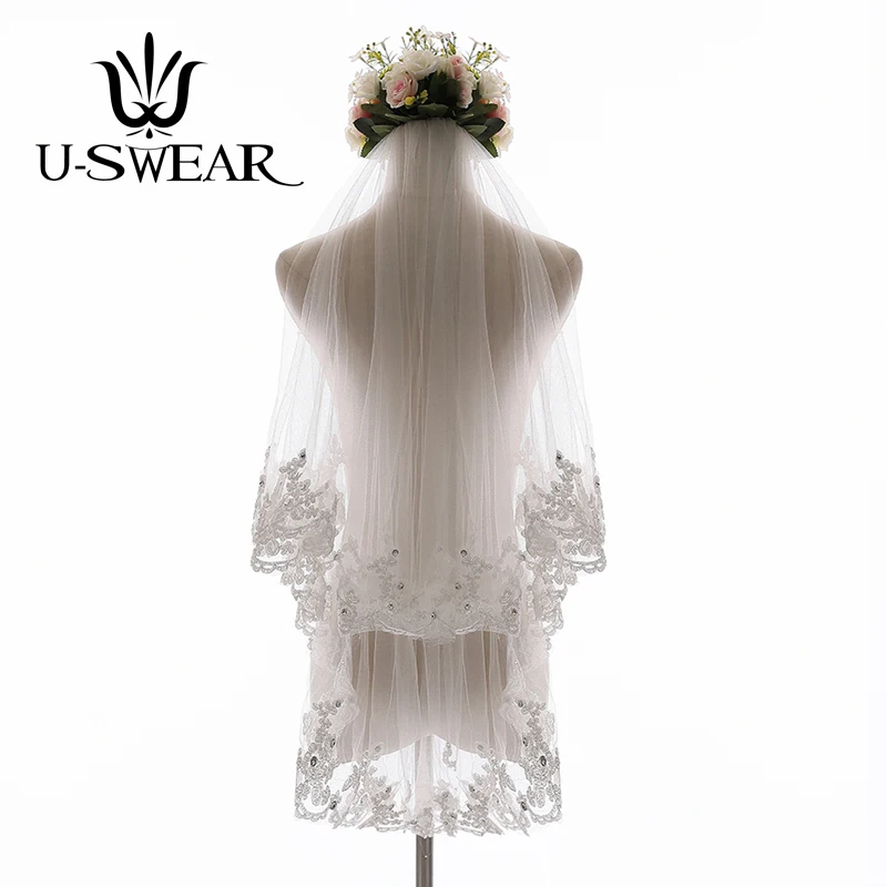 

U-SWEAR 2018 Hot Sale White Ivory Wedding Veils With Comb Two Layers Cut Edge With Comb Beaded Veil Velos De Novia