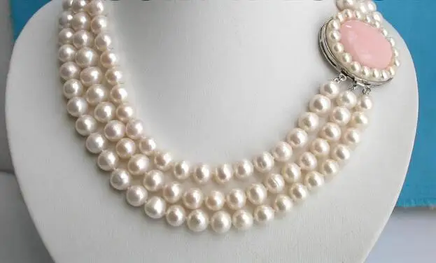 

Free Shipping >>>>>10mm 3row round white freshwater pearls necklace jade