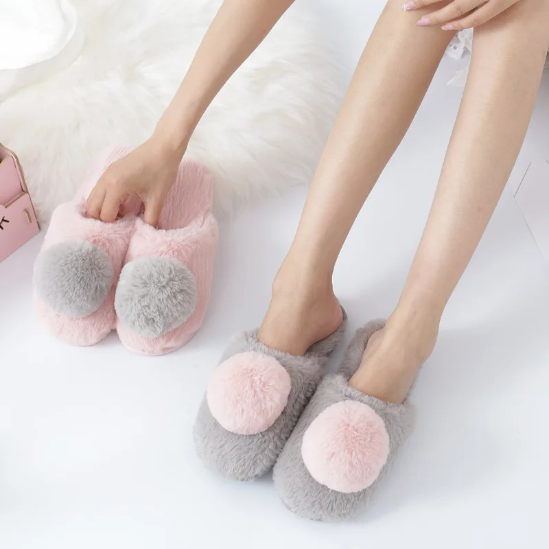 

Autumn and winter new big hair ball home indoor slippers plush cashmere cute home non-slip warm cotton slippers women