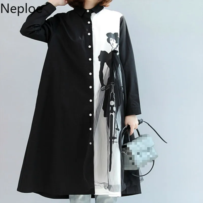 Neploe мультфильм шаблон лоскутные рубашки Для женщин осень Однобортный Блузка с длинными рукавами свободные корейские женские топы 43924