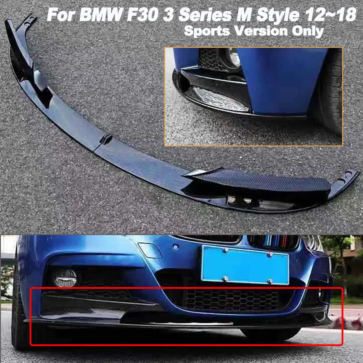 2 piezas cubierta de parachoques frente de labio de fibra de carbono de superficie para BMW F30 Serie 3 M 2012-2018 sólo para versión deportiva Exterior partes