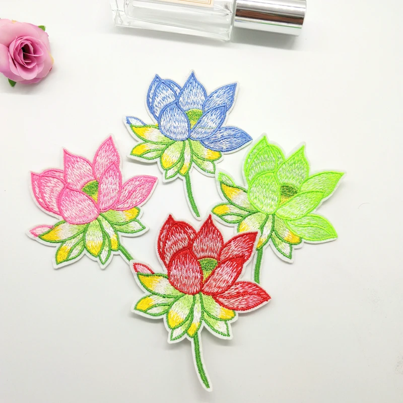 

12pcs/lot Lotus patches iron on patches clothe stickers lotus flower badges embroidered patches for hat jeans clothes decoration