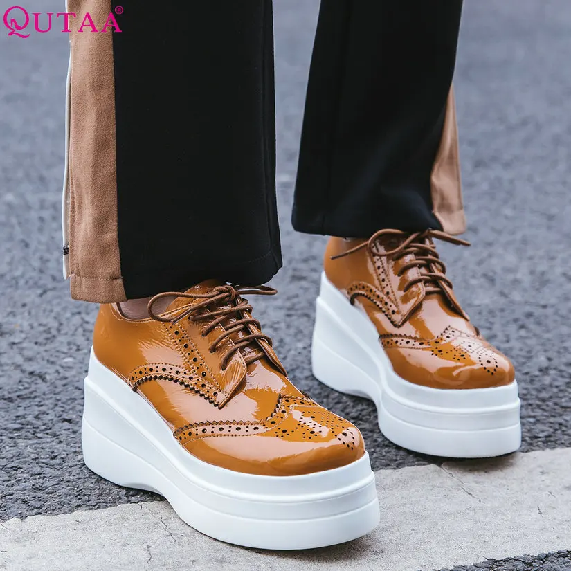 

QUTAA 2019 Women Pumps Fashion Spring/ Autumn Women Shoess Platform Wedges Heel Casual Lace Up Ladies Pumps Size 34-39