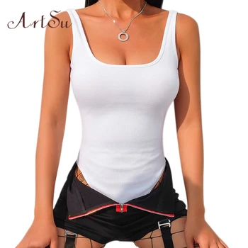 

ArtSu Cotton Sexy Women Bodysuit Streetwear U-neck Strap Backless Bodycon Female Catsuit Black Body Romper New ASJU41161