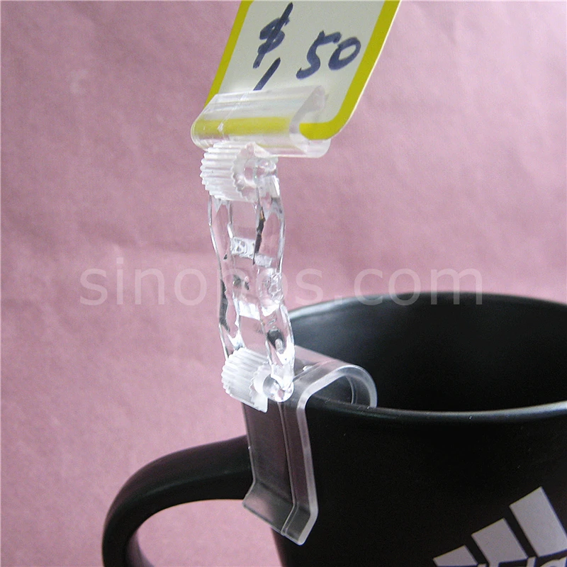 Clear Plastic Bowl Tag Holder, shelf rack bottle cup pot bin glassware price card sign ticket display shoes advertising POP clip