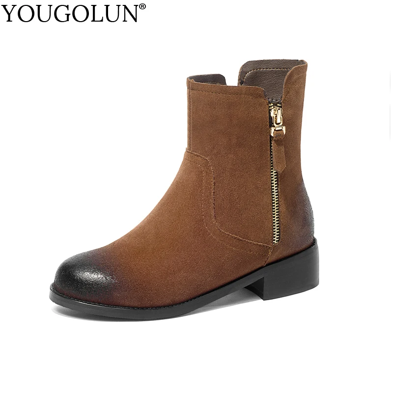 

YOUGOLUN Women Ankle Boots Autumn Winter Genuine Cow Suede Fashion Ladies Zipper Shoes Woman Brown Black Low Square Heels #B019