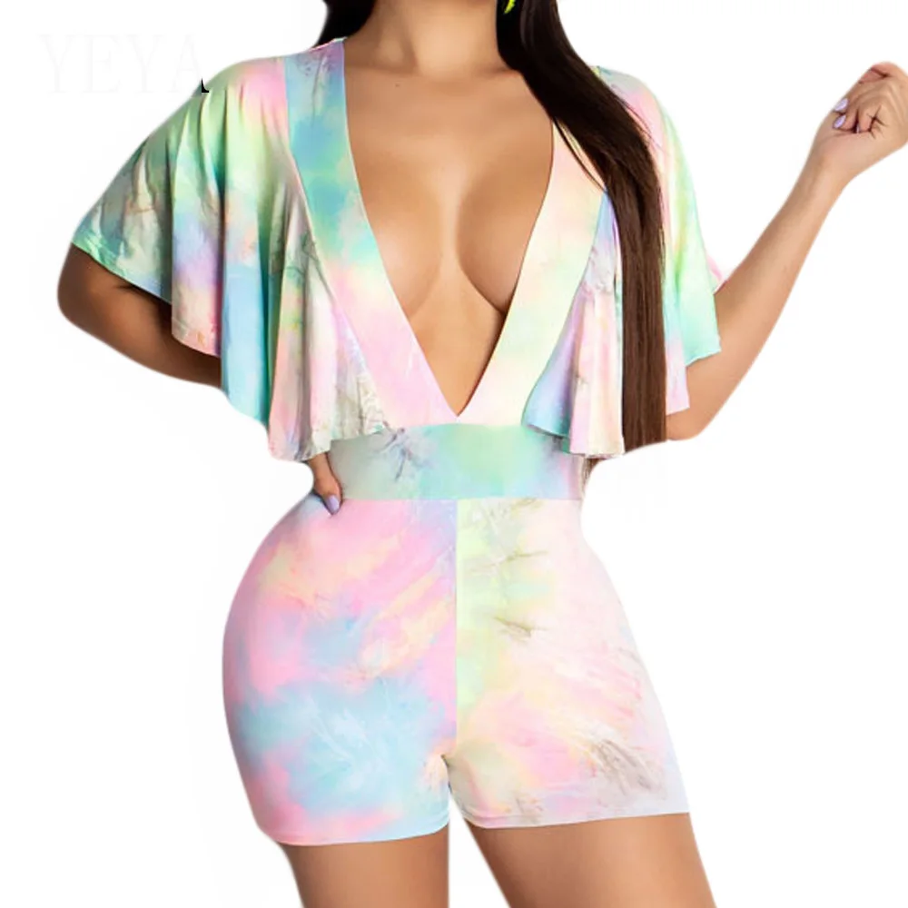 

Sexy Deep V Neck Hollow Out Bodycon Bodysuit Fashion Printed Ruffle Shawl Patchwork Rompers Women Summer Beach Casual Playsuit