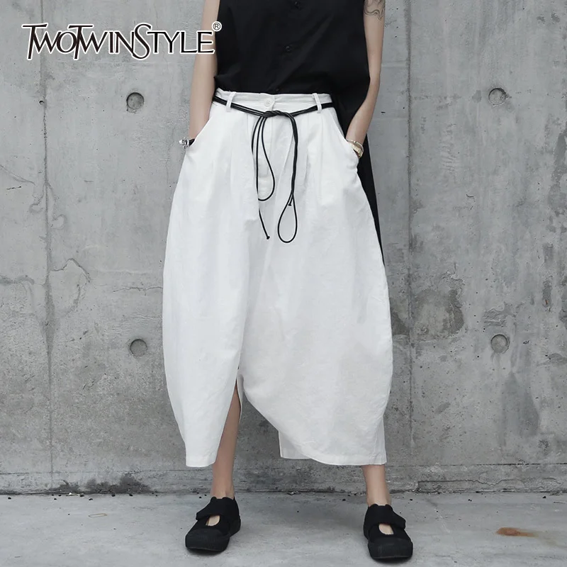 Koop TWOTWINSTYLE Lace Up Pant Vrouwelijke Linnen Hoge Taille Split Grote Size Wit Lange Cross Broek Vrouwen 2018 Lente Casual Tij kleding