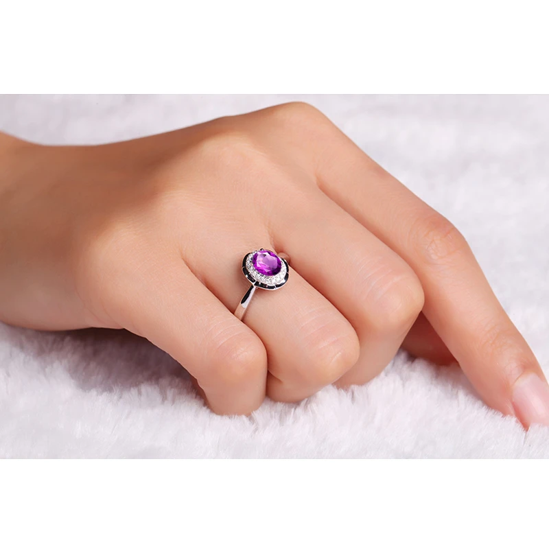 AINUOSHI Natural Amethyst Flower Halo Ring Pure 925 Sterling Silver Gemstone Ring 1.25ct Oval Cut Engagement Jewelry Women Ring