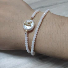 Белый cz начальный 26 букв алфавита имя очарование натуральная монета пресноводный жемчуг бежевый Стекло бисерный двухслойный браслет для женщин