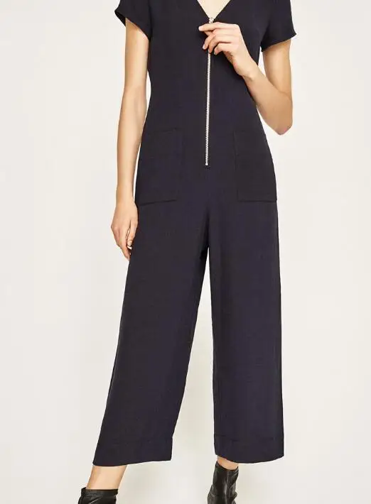 New Fashion Womens Short Sleeves Cropped Jumpsuit Navy Blue Front