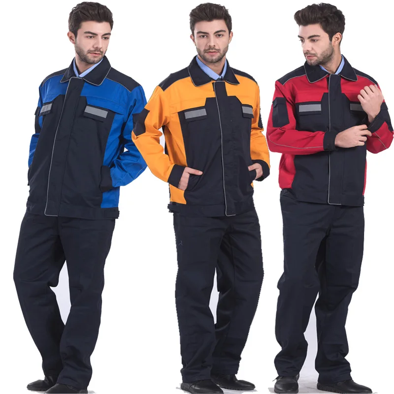

Mens Polyester Cotton Reflective Workwear Jacket and Trousers Work Set Clothing with Reflective Stripe Embroidery Logo Printing