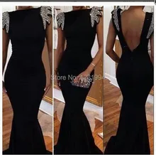 Schwarz Sexy Meerjungfrau Abendkleider Mit Glänzenden Pailletten Oansatz Kurz Kappen-hülsen Bodenlangen Langes Kleid, Um Partei Abendkleider
