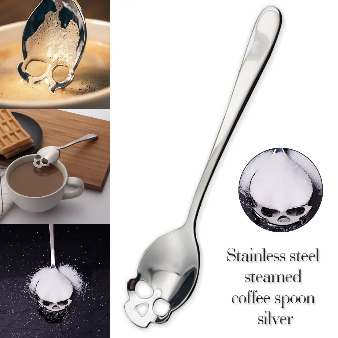 Long Handle Skull Shaped Metal Spoon Teaspoon Tea Spoon Dessert Spoon