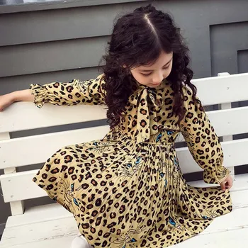

Spring Autumn girls dress Baby pleated dress kids dress Children vestidos ruched sleeve lacing leopard print 4 to 14 yrs