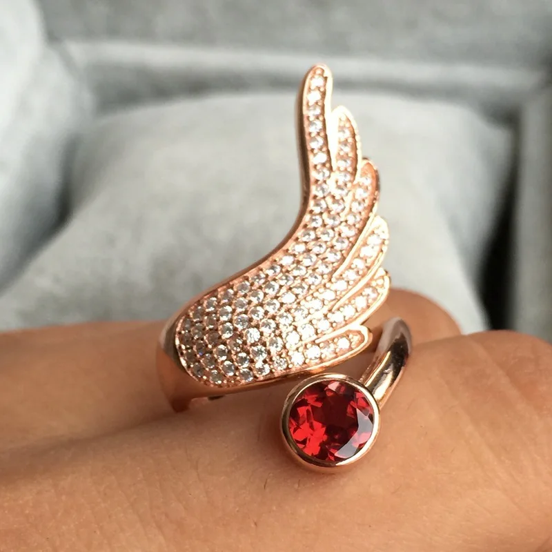 

ZT Fashion Women Angel Wings Ring Red Natural Garnet Jewelry s925 Sterling Silver White Or Rose Color Female Rings For Woman