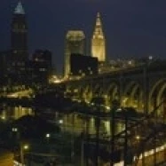Arch bridge and buildings lit up at night  Cleveland  Ohio  USA Poster Print (18 x 7)