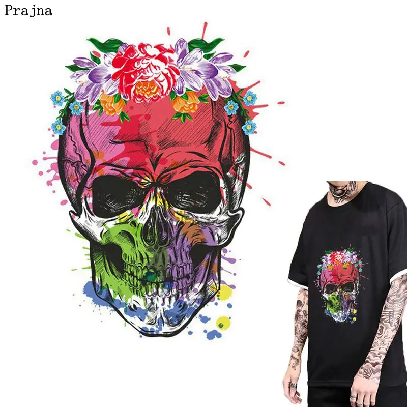 

Prajna Rose Skull Iron-on Transfers Flower Spirits Heat Patches For Rock Man Clothing DIY Jacket Decal Stranger Things Biker