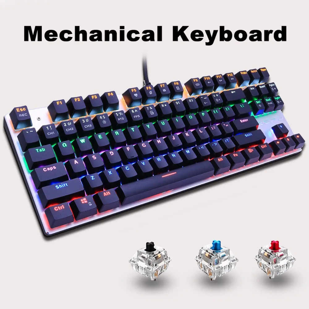 Pаспродажа Механическая клавиатура подсветка игровая клавиатура 87key анти ореолы черный синий красный переключатель Проводной USB светодиодный RU US для ...