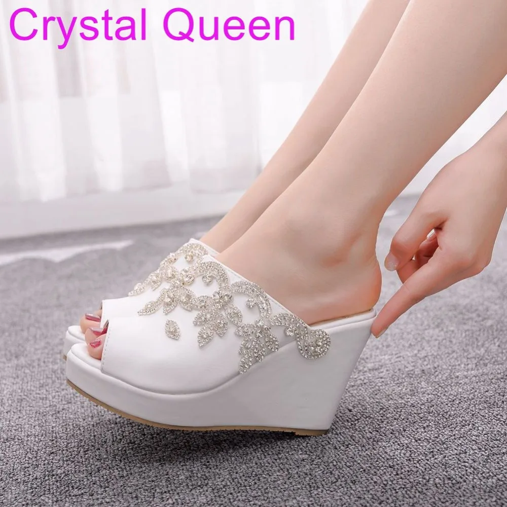 

Crystal Queen Silver Rhinestone Peep Toe Platform Wedges Sandals Wedges High Heels Slippers Beach Sandals For Women Wedding Heel