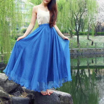 

Bohemian Chiffon Beach Skirts Womens High Waist Pleated Long Skirt Ladies Casual Maxi Skirts Saia Faldas Color Blue Green Red