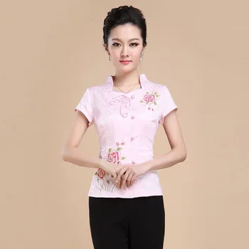 

New Pink Fashion Chinese Tradition Women's Cotton Floral Coil Button Short Sleeve Blouses Shirts Tops M L XL XXL 3XL 080803