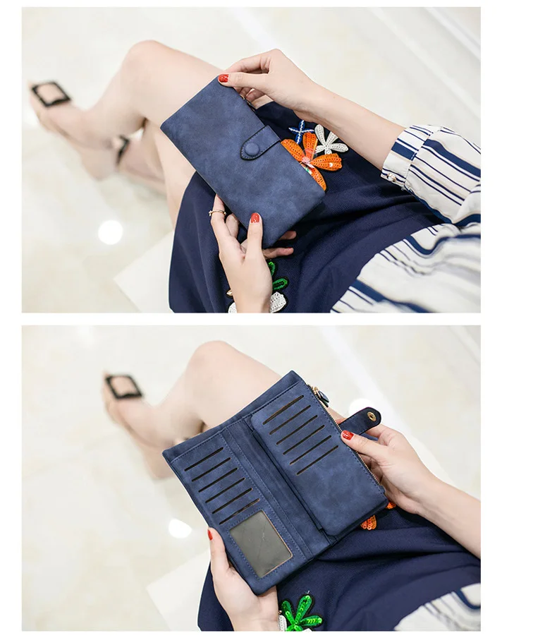 MJ Women Leather Wallets Matte PU Leather Long Wallet Lady's Brand Design Bi-Fold Clutch Purse Coin Pocket Multiple Card Holder (23)