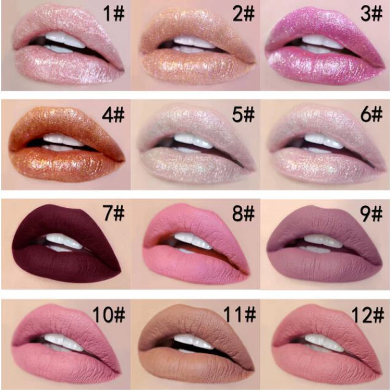 12pcs/lot Diamond Shining Glitter Lipstick Makeup Liquid Matte Lipstick