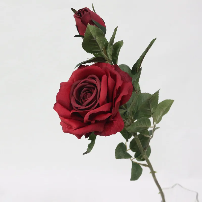 Flone 2 Heads Artificial Rose Silk Flower Fake Leaf Long Rose Buds Artificial Flowers Bouquet Home Wedding Party Decor Gift (20)