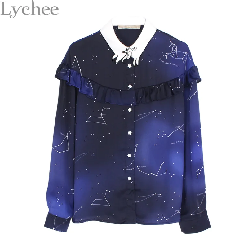 

Lychee Spring Autumn Women Blouse Unicorn Collar Space Starry Cosmic Constellation Print Chiffon Long Sleeve Shirt
