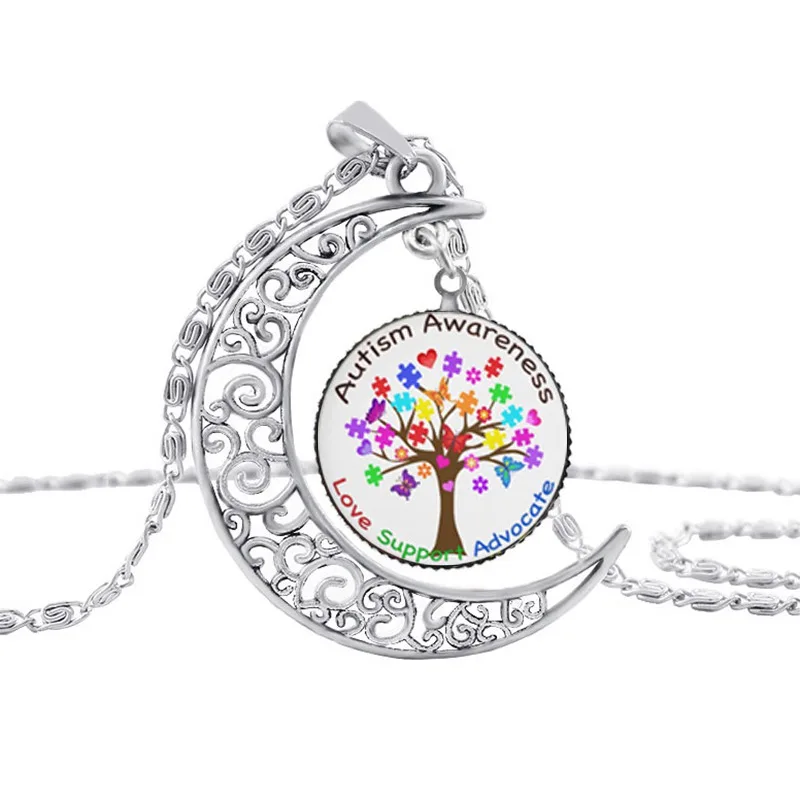 Suteyi, Аутистическое красочное ожерелье с изображением дерева, серебряной Луны, забота о аутизме, ожерелье для любви, Детские ювелирные аксессуары - Окраска металла: 4