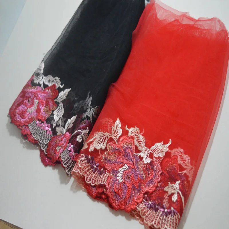 2yds Red~Black Gauze Fluorescence color thread floral Embroidery DIY lace trim for garments and wedding decoration