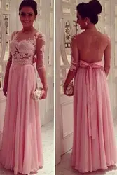 Элегантный светло розовый для женщин шифоновое длинное платье для выпускного вечера Кружево Аппликации See Through Топы Вечерние