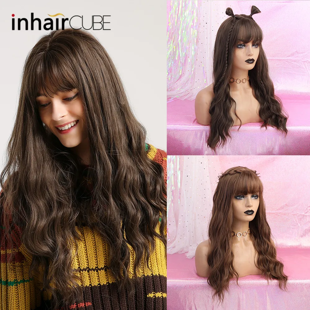 Inhair Cube 2" женский парик темно-коричневый длинные волнистые термостойкие синтетические волосы плетение Полный Парики для ежедневного использования и косплей