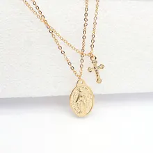 Vintage Religious Jesus Cross Pendant Necklace Statement Double Layered Long Chain Necklaces for Women chic double layered round hat pendant necklace for women