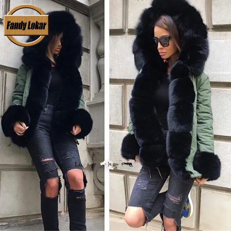 

Warm Loose Short Parkas With Genuine Rex Rabbit Fur Lining Women Winter Real Fox Fur Hood Collar Coat Woman Parka Female Ladies